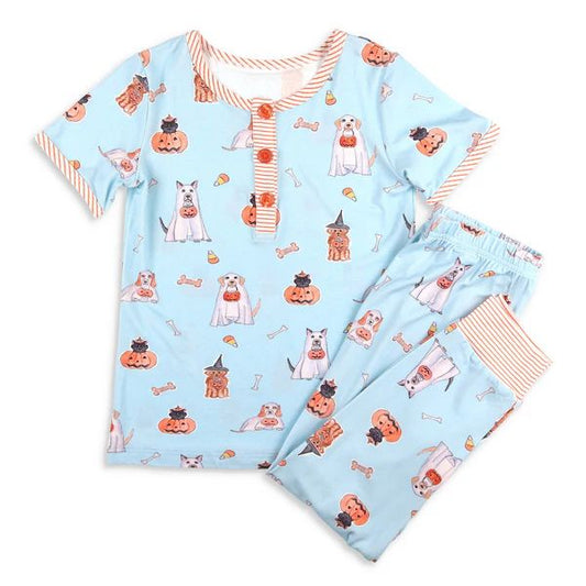 GSPO1373 Pumpkin Lantern Puppy Blue Short Sleeve Long Pants Pajama Set