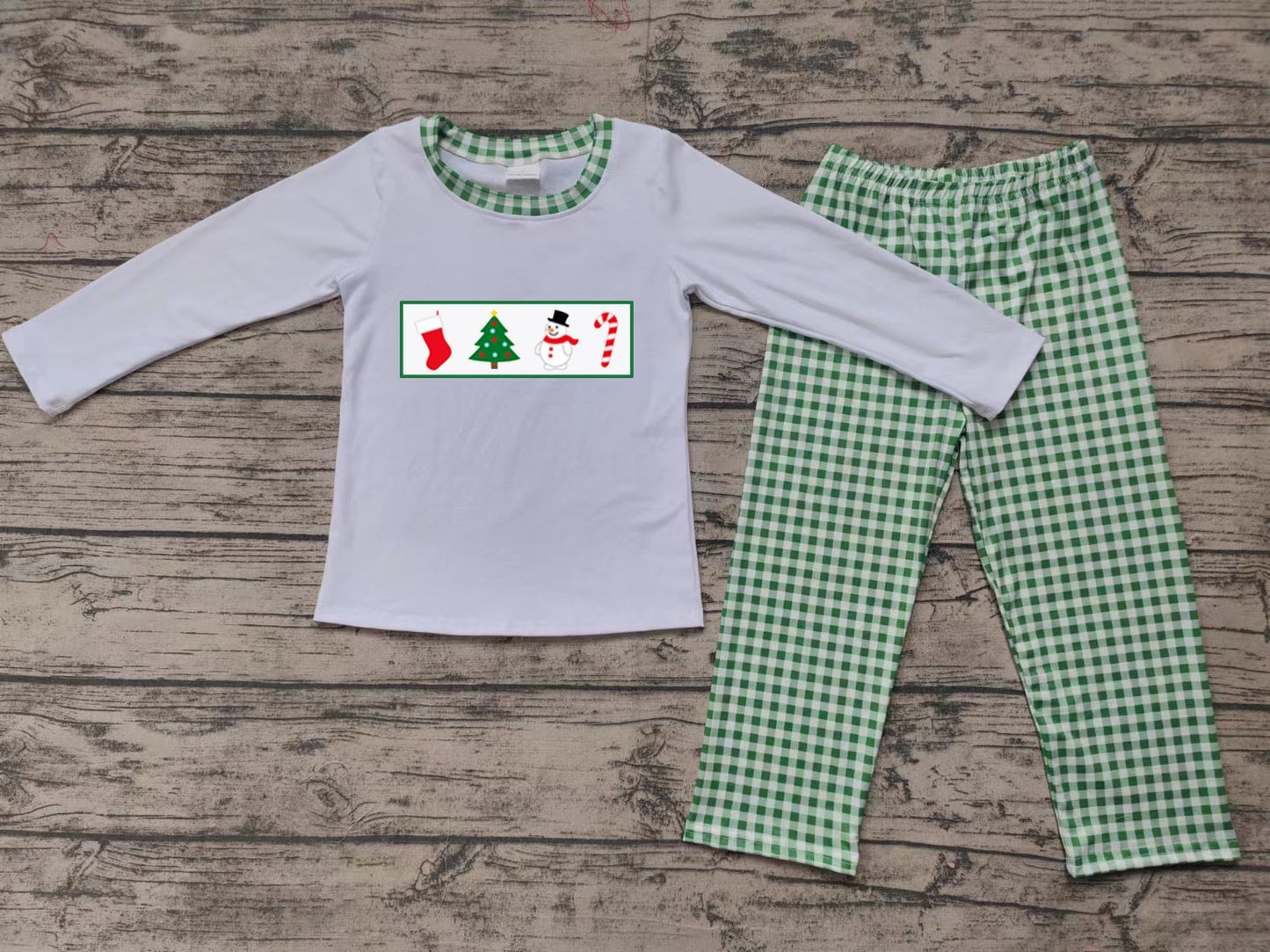 BLP0603 Embroidered Christmas Tree Snowman Cane White Long Sleeve Green Plaid Pants Suit