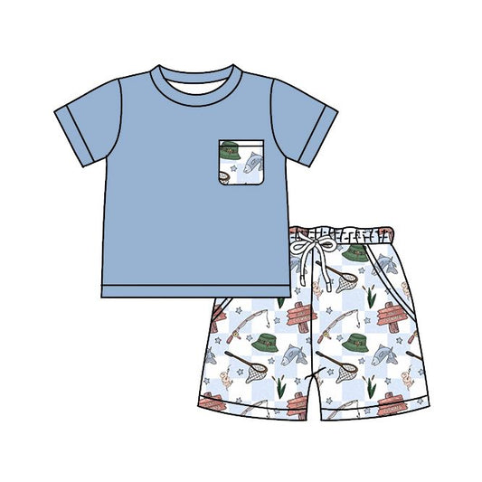 BSSO0868 Fishing mouth with blue short-sleeved shorts suit