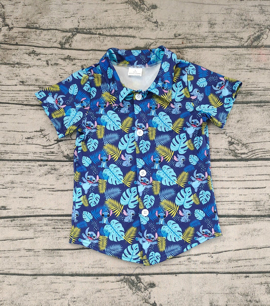 BT0608 Cartoon Blue Button Short Sleeve Top