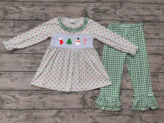 GLP1395 Embroidered Christmas tree snowman walking stick polka dot green plaid lace white long-sleeved trousers suit