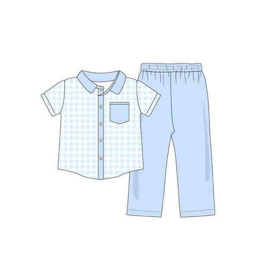 GSPO1360 blue plaid pocket short-sleeved trousers suit