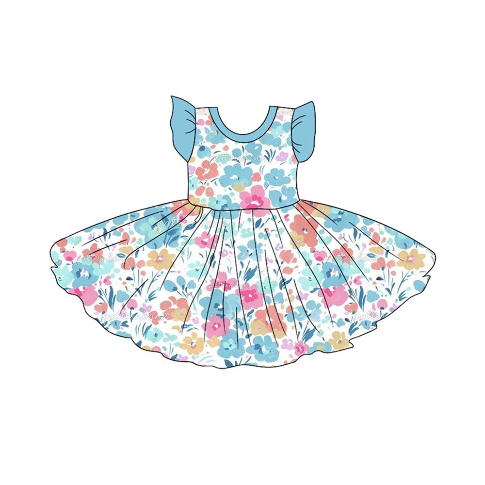 GSD1162 flower blue flying sleeve dress