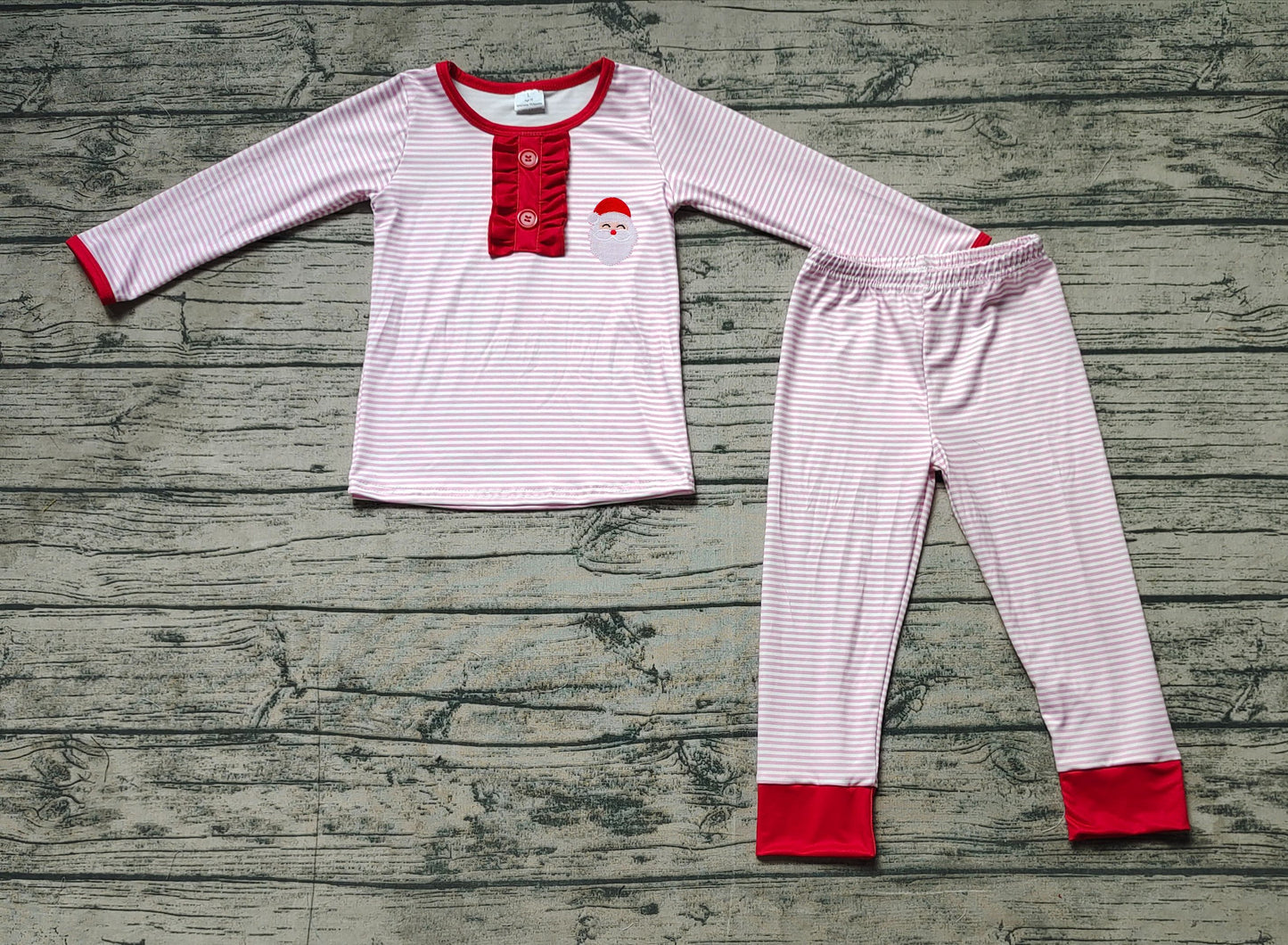 GLP1529 Embroidered Santa Claus Pink Striped Long Sleeve Long Pants Pajama Set