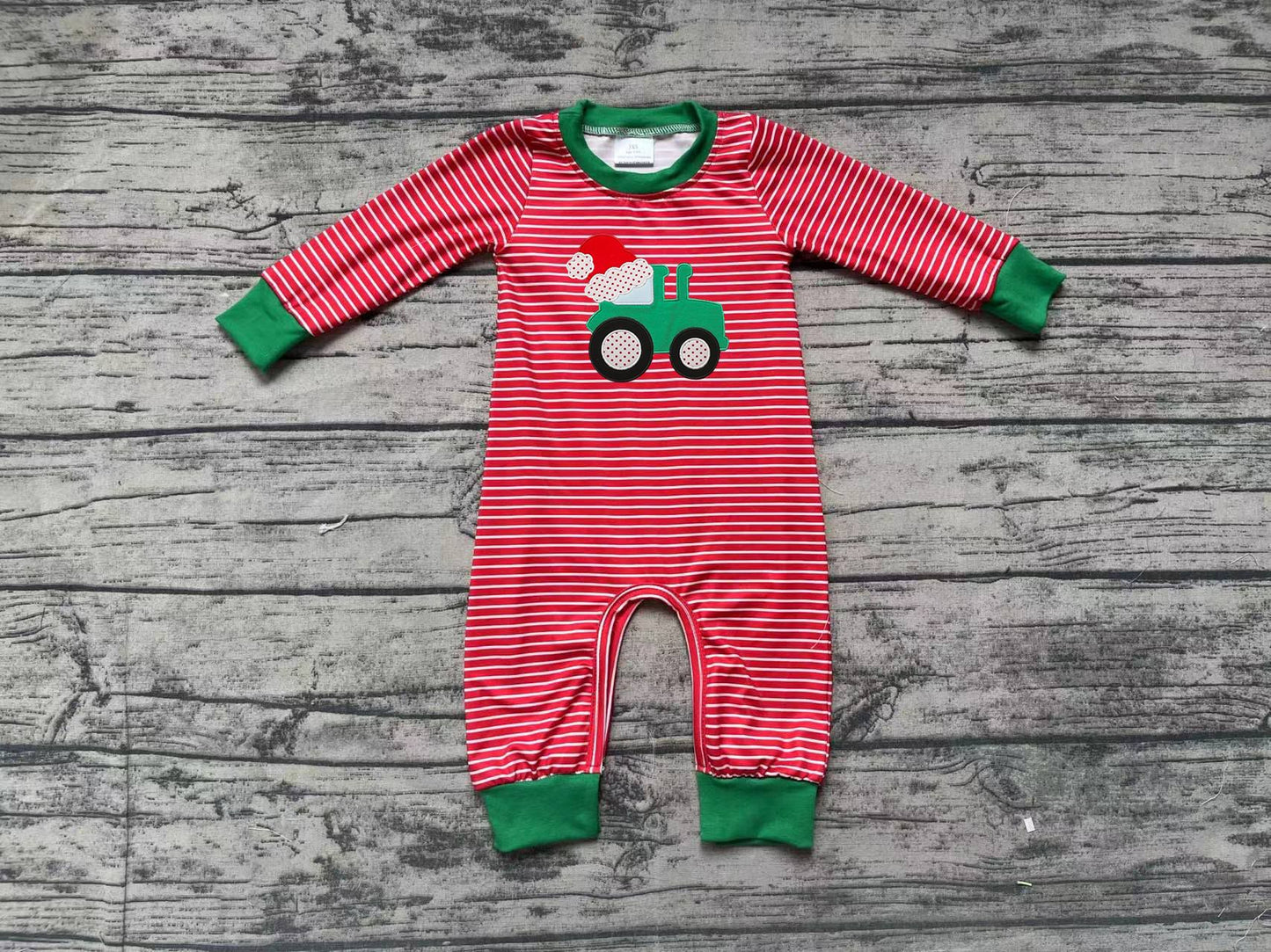 LR1401 Embroidered Santa Hat Tractor Stripe Red Long Sleeve Jumpsuit