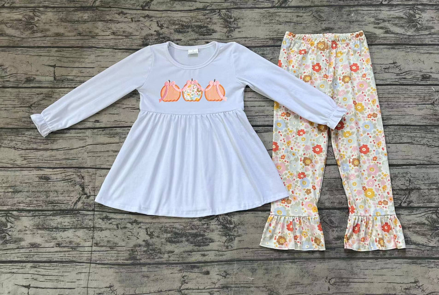 GLP1378 Embroidered Bow Pumpkin White Long Sleeve Flower Pants Suit