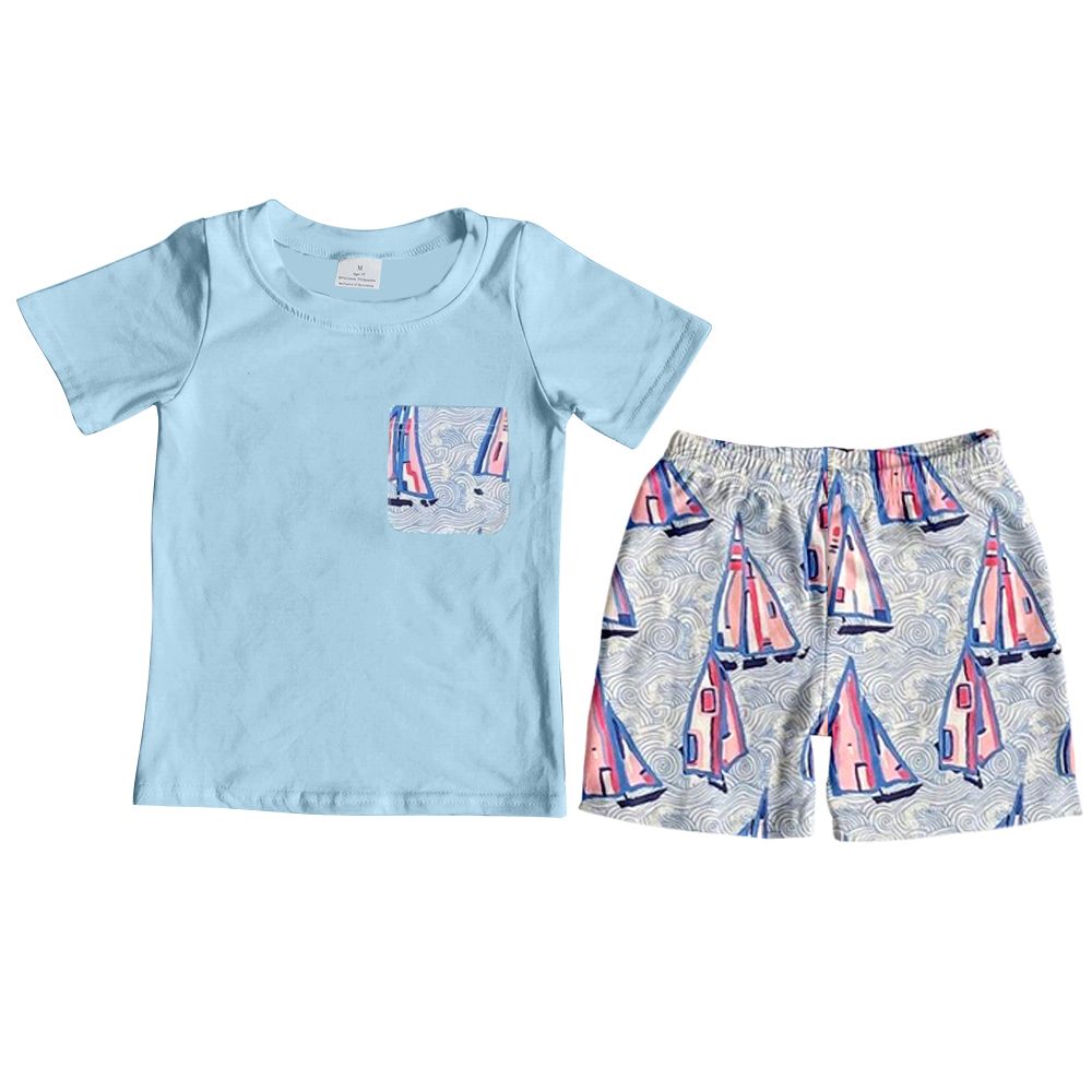 BSSO0869 Wave Pocket Blue Short Sleeve Shorts Suit