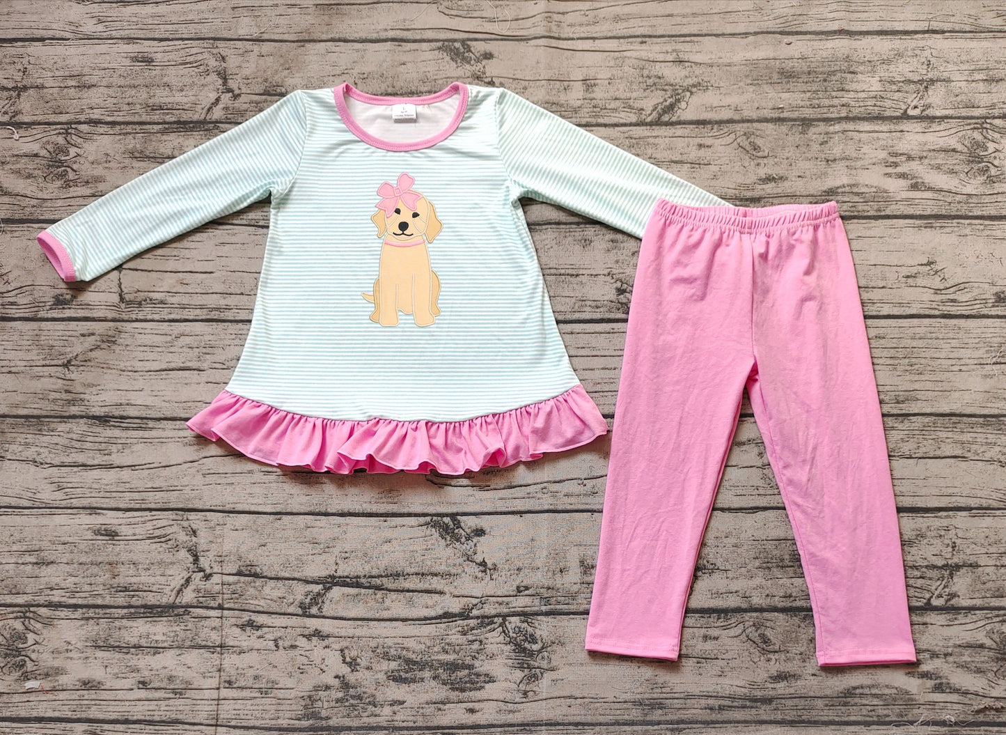 GLP1376 Embroidered Bow Puppy Stripe Long Sleeve Pink Pants Suit