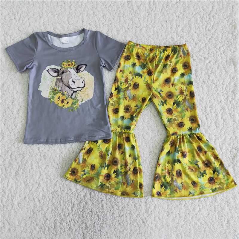 cow t-shirt & sunflower bell girls outfits