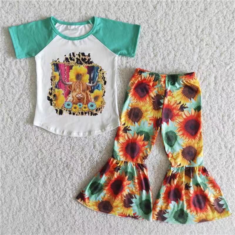 short sleeve shirt sunflower bell pants sale girls sets kids clothes