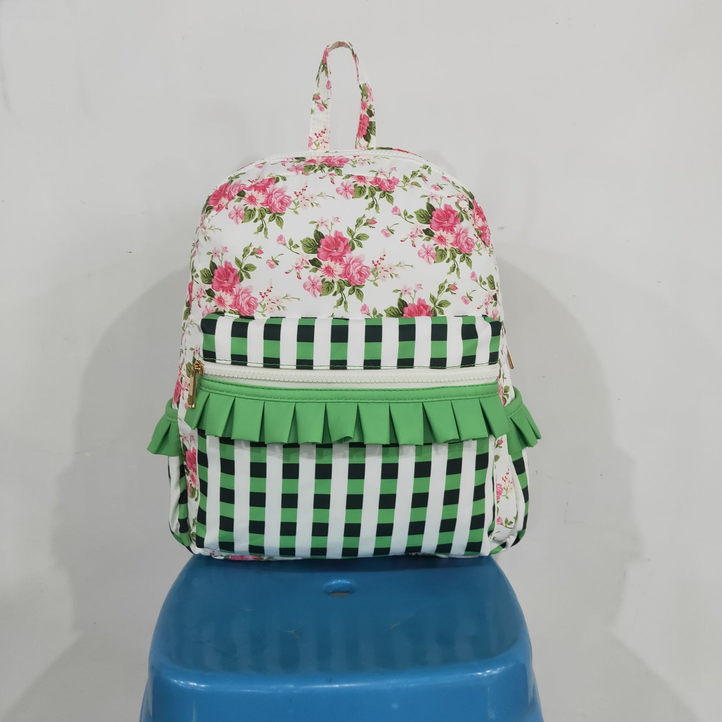 NEW RTS NO MOQ Bag BA0218 Baby Girls Cute Pink Floral Checkered Print Zip Backpack School Back Bag