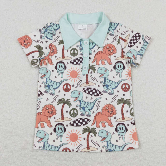 BT0580 Smiley Dinosaur Star Lightning Teal Neck Short Sleeve Top