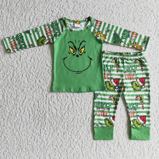 BLP0085 Boys grinch green striped long-sleeved trousers suit