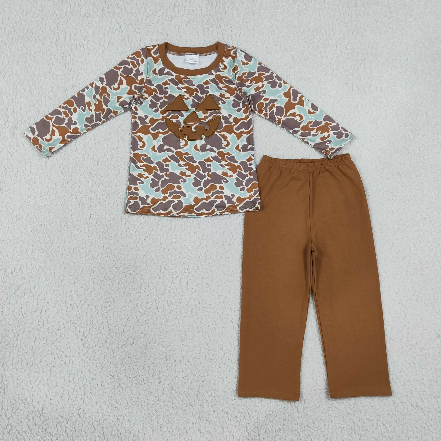 NEW RTS NO MOQ milk silk BLP1193 Embroidery Ghost Pumpkins Baby Boys Camo Top Pant Halloween Clothes Set