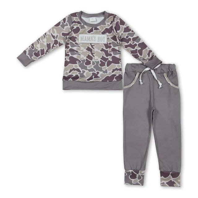 RTS NO MOQ Sibling Baby Boys Embroidery Mama's Boy Camo Top Pockets Pants Clothes Sets