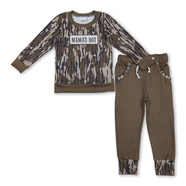 RTS NO MOQ Sibling Baby Boys Embroidery Mama's Boy Camo Top Pockets Pants Clothes Sets