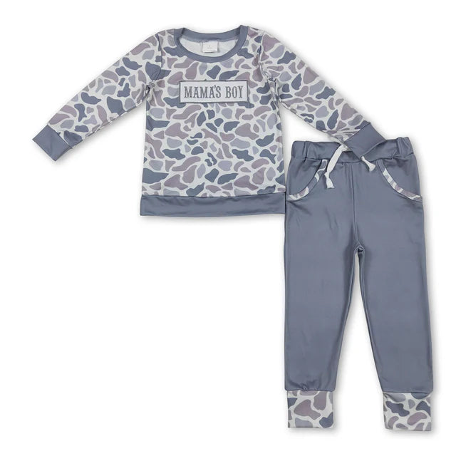 RTS NO MOQ Sibling Baby Boys Embroidery Mama's Boy Camo Top Pockets Pants Clothes Sets