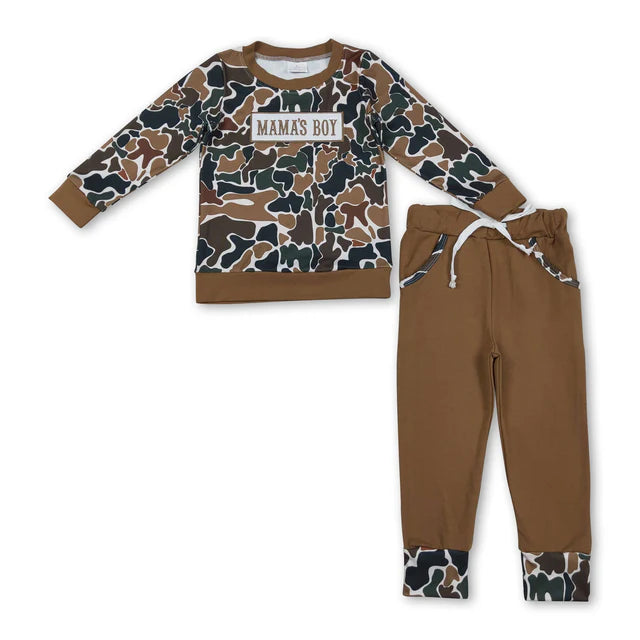 RTS NO MOQ Sibling Baby Boys Embroidery Mama's Boy Camo Top Pockets Pants Clothes Sets