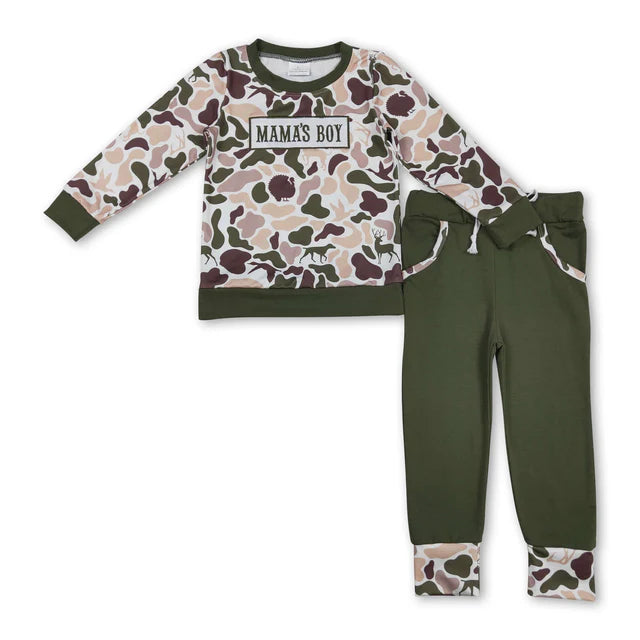 RTS NO MOQ Sibling Baby Boys Embroidery Mama's Boy Camo Top Pockets Pants Clothes Sets