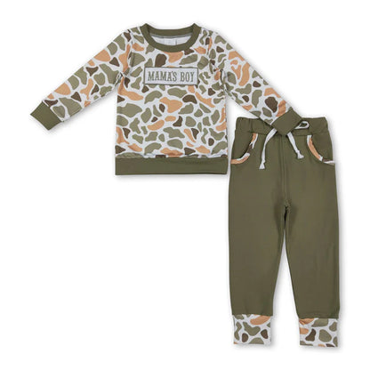 RTS NO MOQ Sibling Baby Boys Embroidery Mama's Boy Camo Top Pockets Pants Clothes Sets