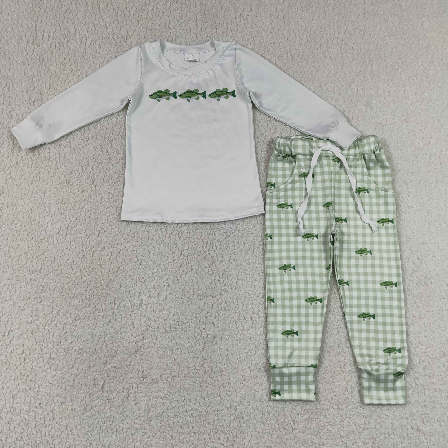 RTS NO MOQ milk silk BLP1425 Baby Boys Long Sleeve Fishes Checked Top Pockets Jogger Hunting Clothes Sets