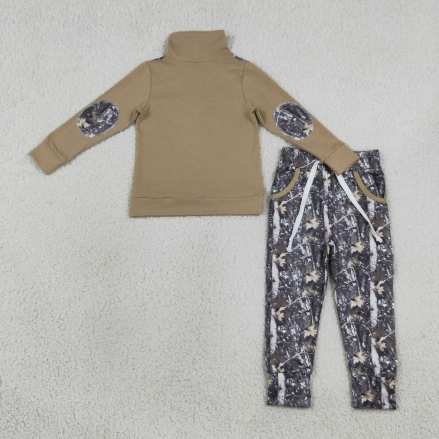 NEW RTS NO MOQ milk silk BLP1446 Baby Boys Khaki Zip Pullover Leaves Camo Pockets Jogger Clothes Sets