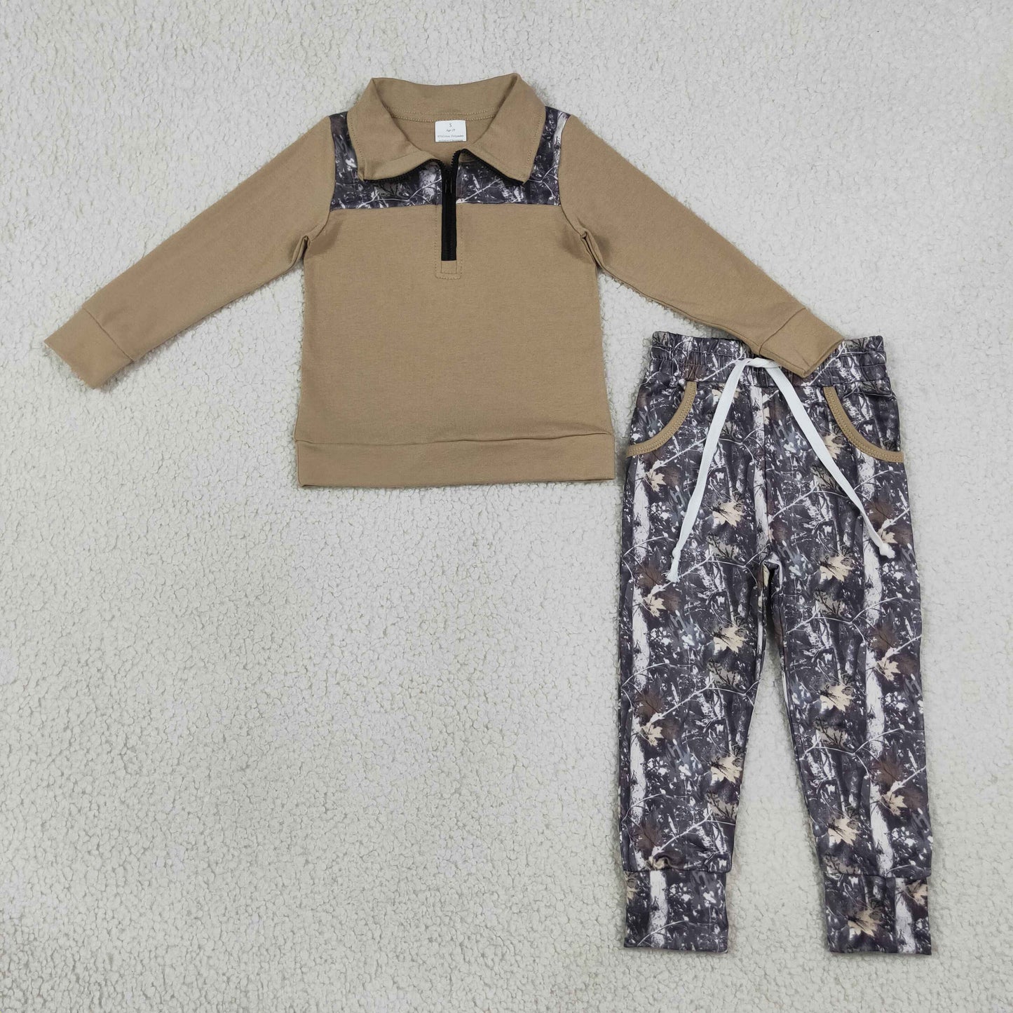 RTS NO MOQ Sibling milk silk Baby Boys Zip Pullover Leaves Pockets Jogger Clothes Set