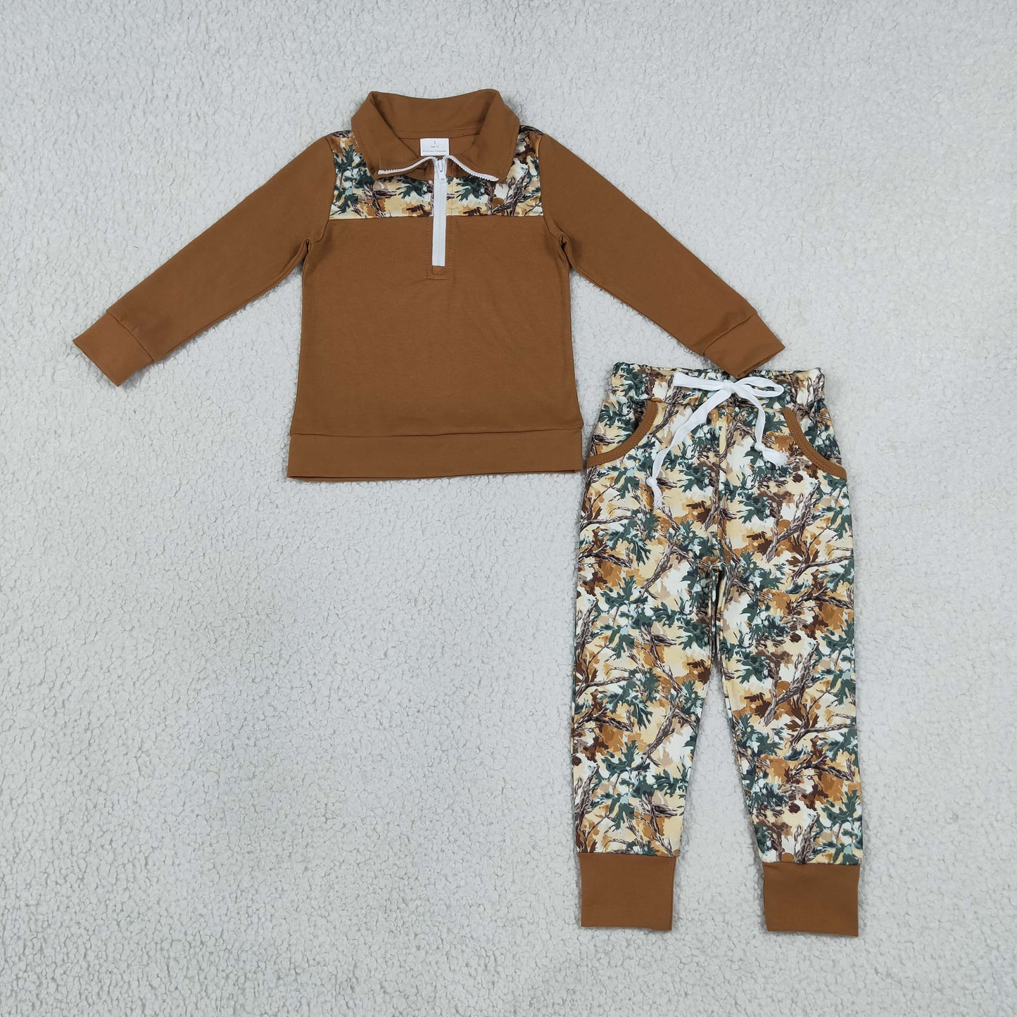 NEW RTS NO MOQ milk silk BLP1447 Baby Boys Long Sleeve Camo Zip Pullover Pockets Jogger Hunting Clothes Sets