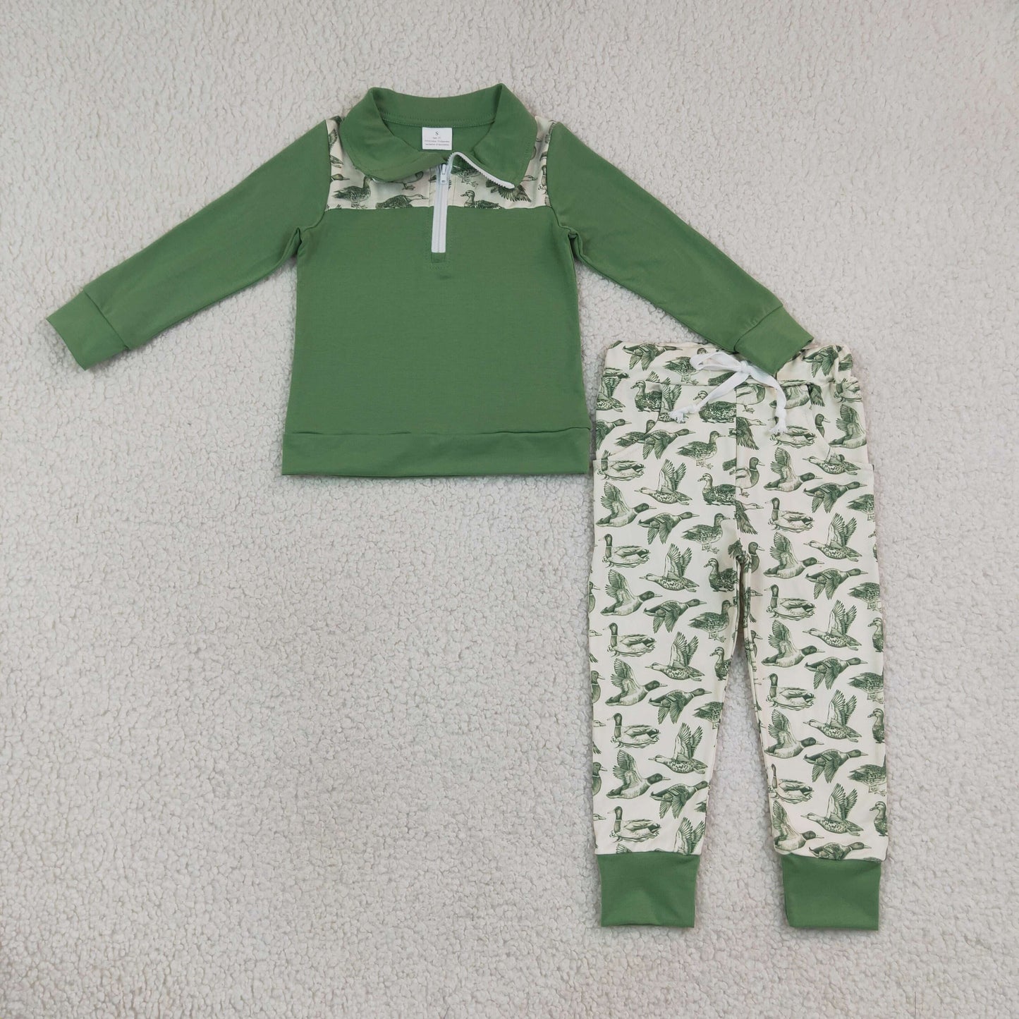NEW RTS NO MOQ milk silk BLP1449 Baby Boys Long Sleeve Zip Pullover Ducks Pockets Jogger Hunting Clothes Sets