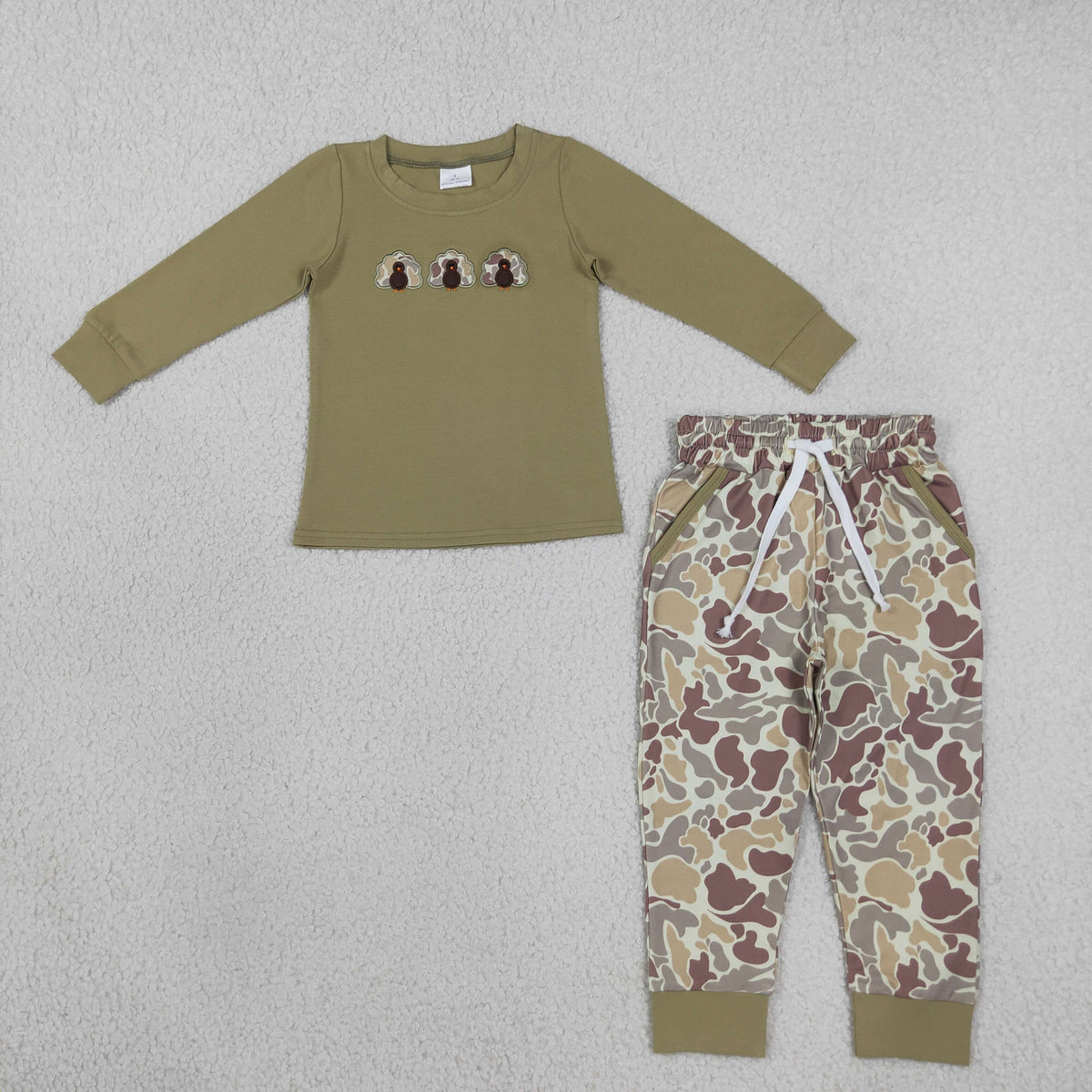 NEW RTS NO MOQ milk silk BLP1474 Embroidery Camo Turkey Baby Boys Top Pockets Jogger Thanksgiving Clothes Sets