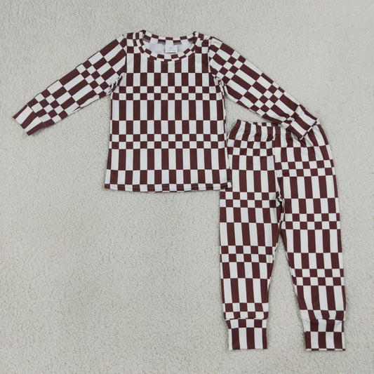 NEW RTS NO MOQ milk silk BLP1479 Baby Boys Maroon Check Long Sleeve Top Pants Sleep Pajamas Set