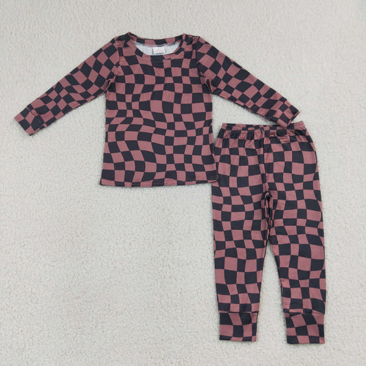 NEW RTS NO MOQ milk silk BLP1480 Baby Boys Brown Black Checked Long Sleeve Top Pants Pajamas Set