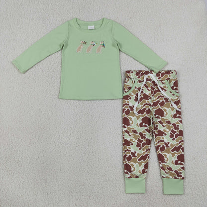 RTS NO MOQ Sibling milk silk Embroidery Baby Boys Top Camo Pockets Jogger Hunting Clothes Sets