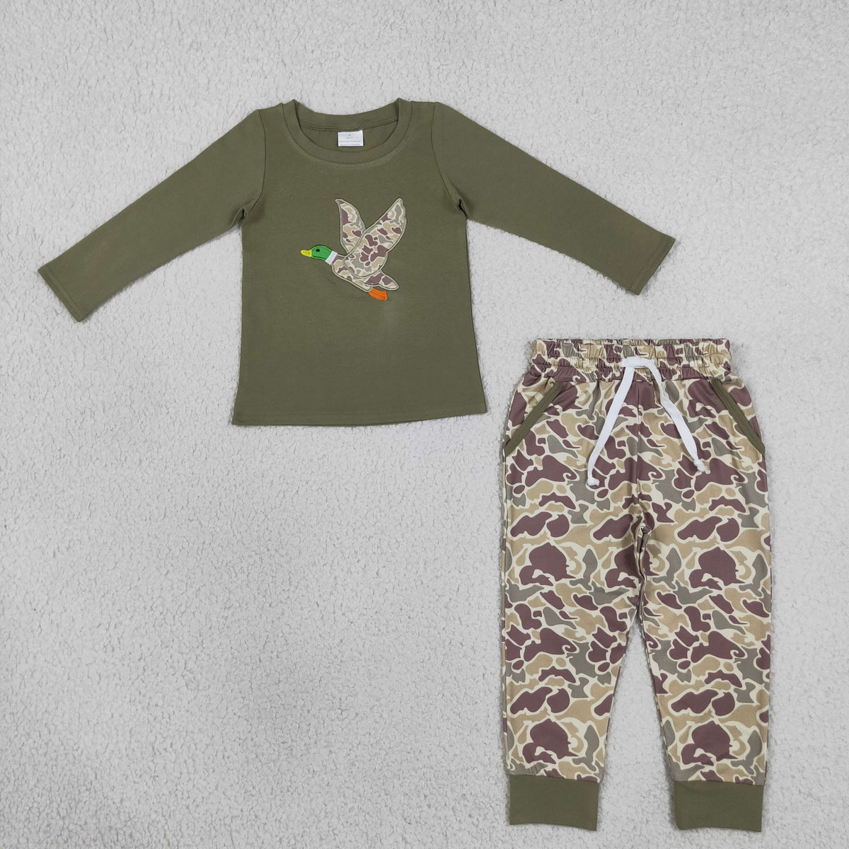NEW RTS NO MOQ milk silk BLP1494 Embroidery Camo Duck Baby Boys Shirt Pockets Jogger Hunting Clothes Set