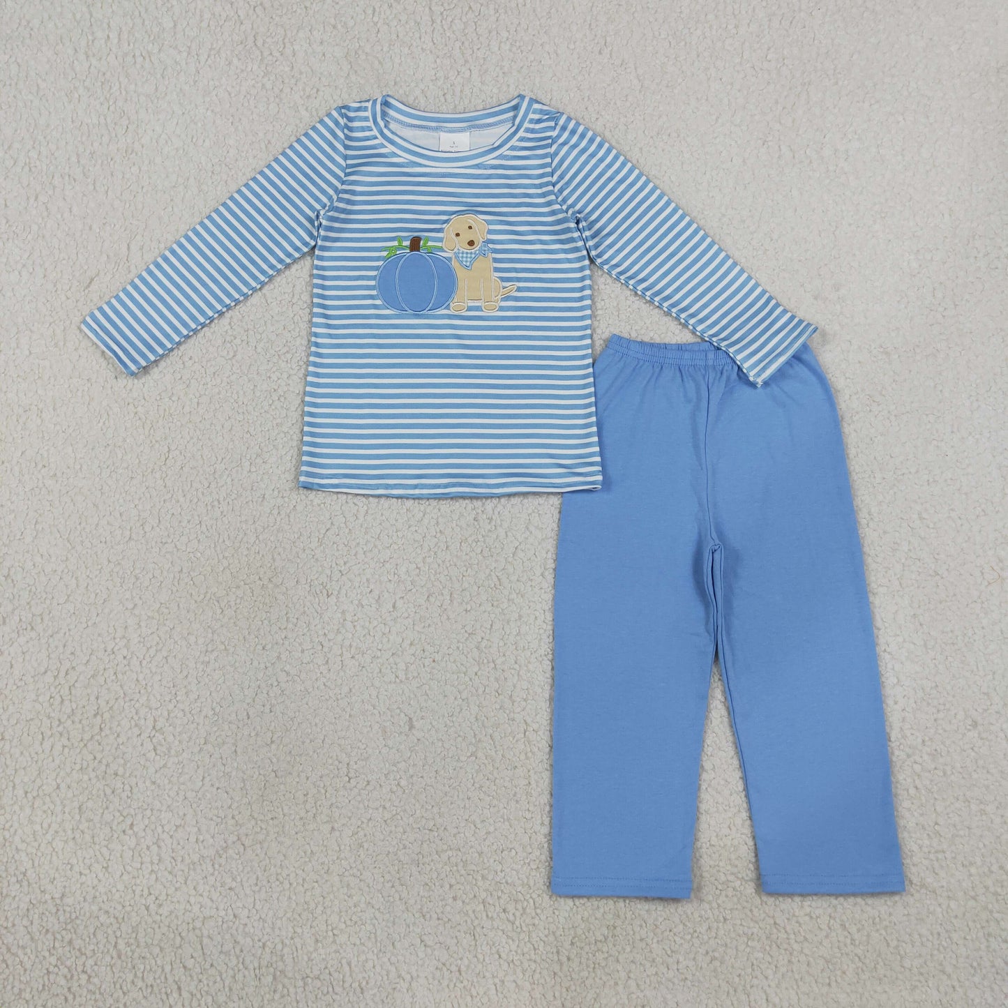 NEW RTS NO MOQ milk silk BLP1500 Embroidery Pumpkin Dogs Baby Boys Blue Stripe Top Pants Fall Clothes Sets