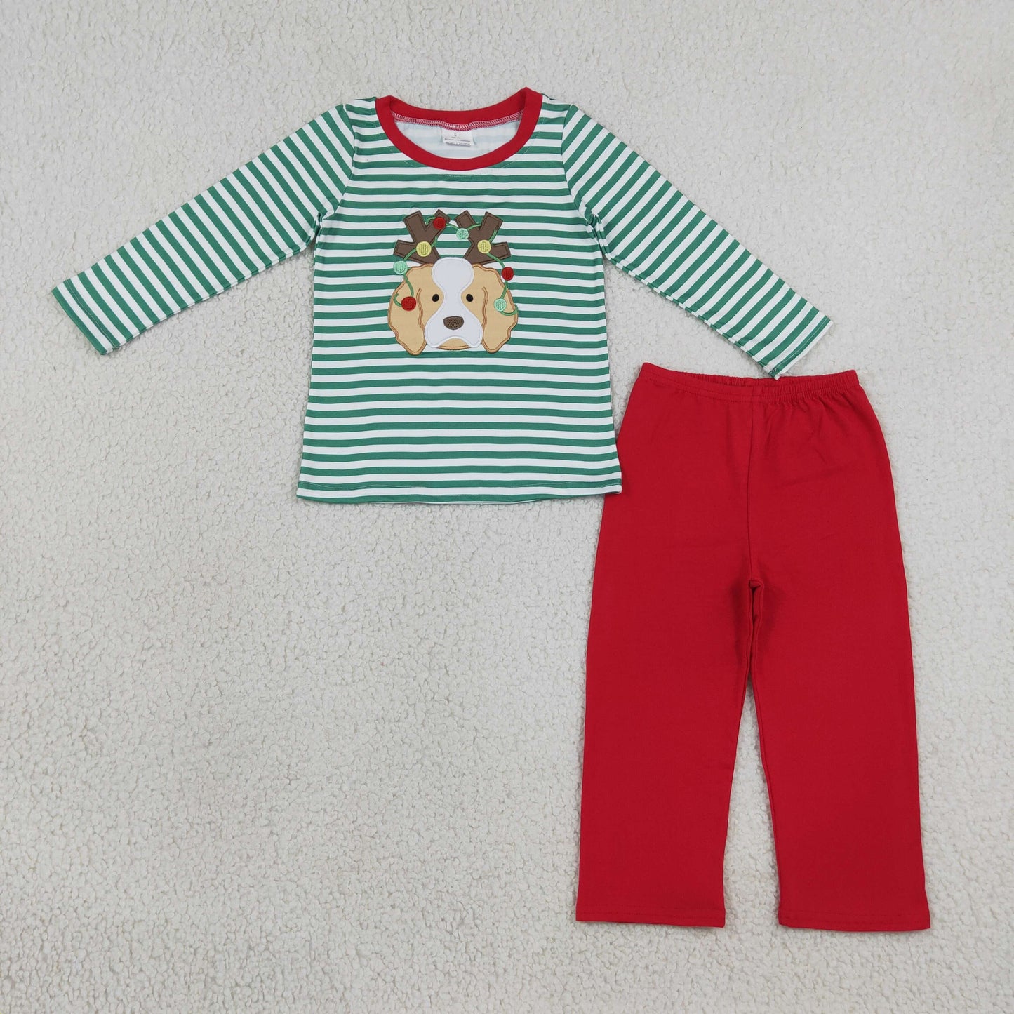 NEW RTS NO MOQ milk silk BLP1502 Embroidery Lights Dogs Baby Boys Green Stripe Top Pants Christmas Clothes Sets
