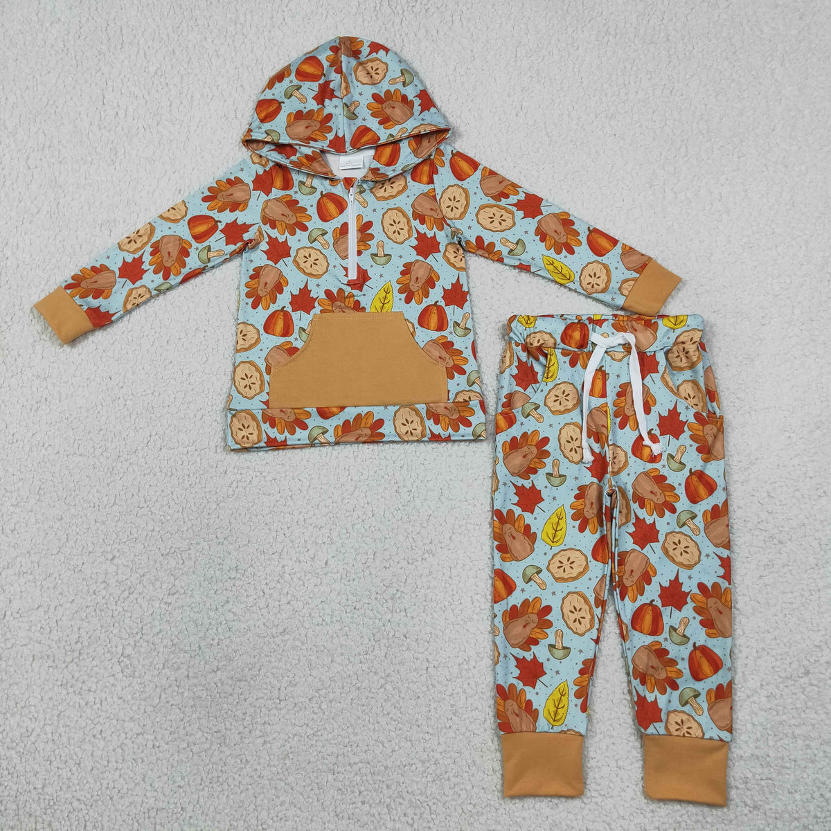 NEW RTS NO MOQ milk silk BLP1505 Baby Boys Pumpkins Turkey Zip Pockets Hoodie Joggers Thanksgivings Clothes Set