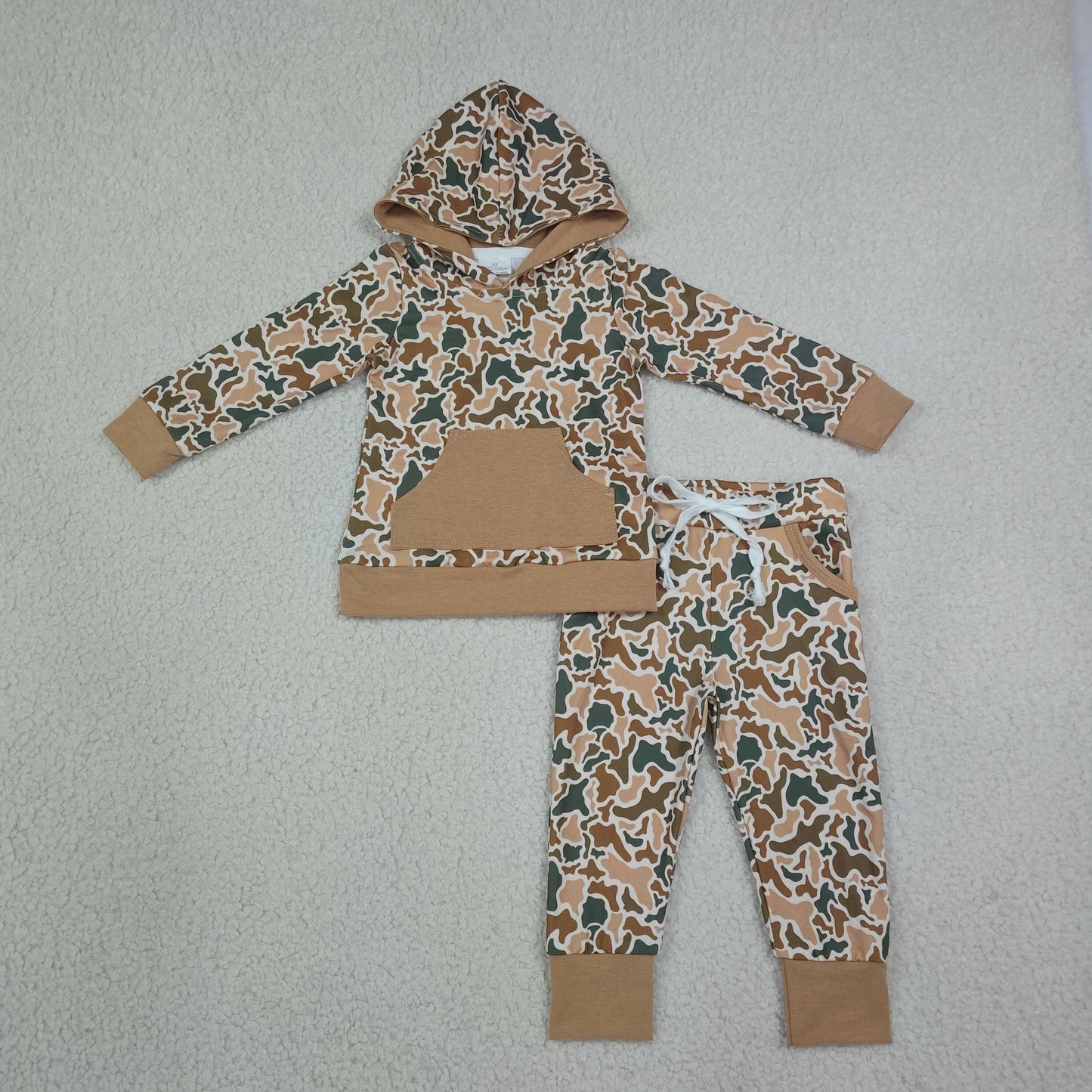 RTS NO MOQ milk silk BLP1509 Baby Boys Khaki Green Camo Hoodie Pocket Jogger Pants Clothes Set