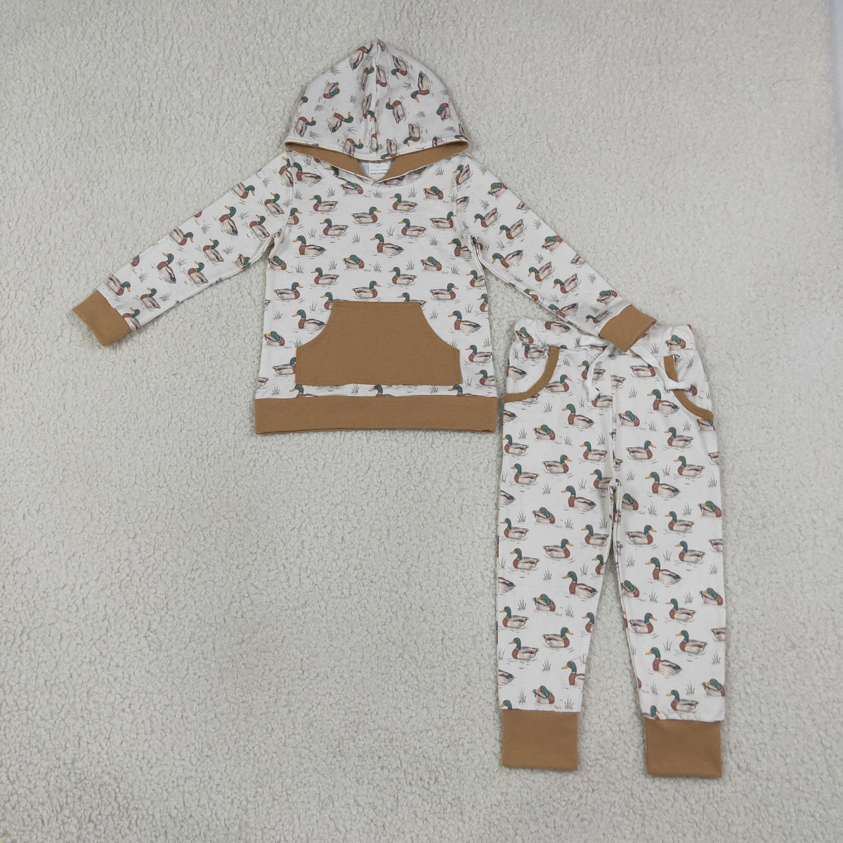 NEW RTS NO MOQ milk silk BLP1510 Baby Boys Ducks Plaid Pocket Hoodie Jogger Pants Hunting Clothes Set