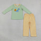 NEW RTS NO MOQ milk silk BLP1515 Embroidery Pumpkin Dinosaurs Baby Boys Top Checked Pants Fall Clothes Set
