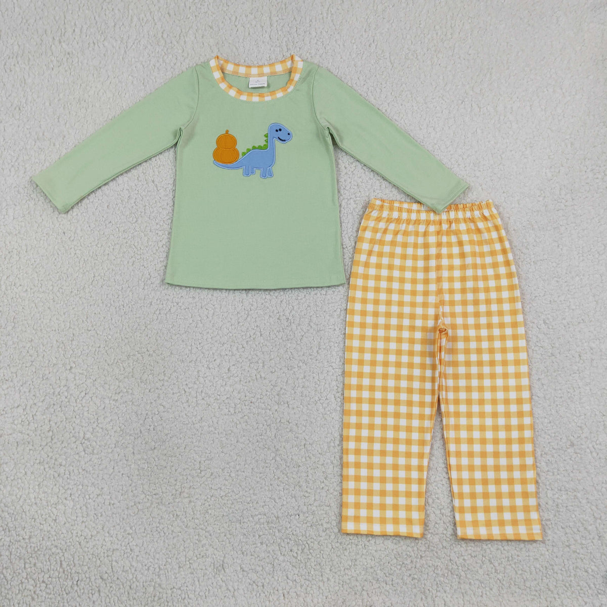 NEW RTS NO MOQ milk silk BLP1515 Embroidery Pumpkin Dinosaurs Baby Boys Top Checked Pants Fall Clothes Set