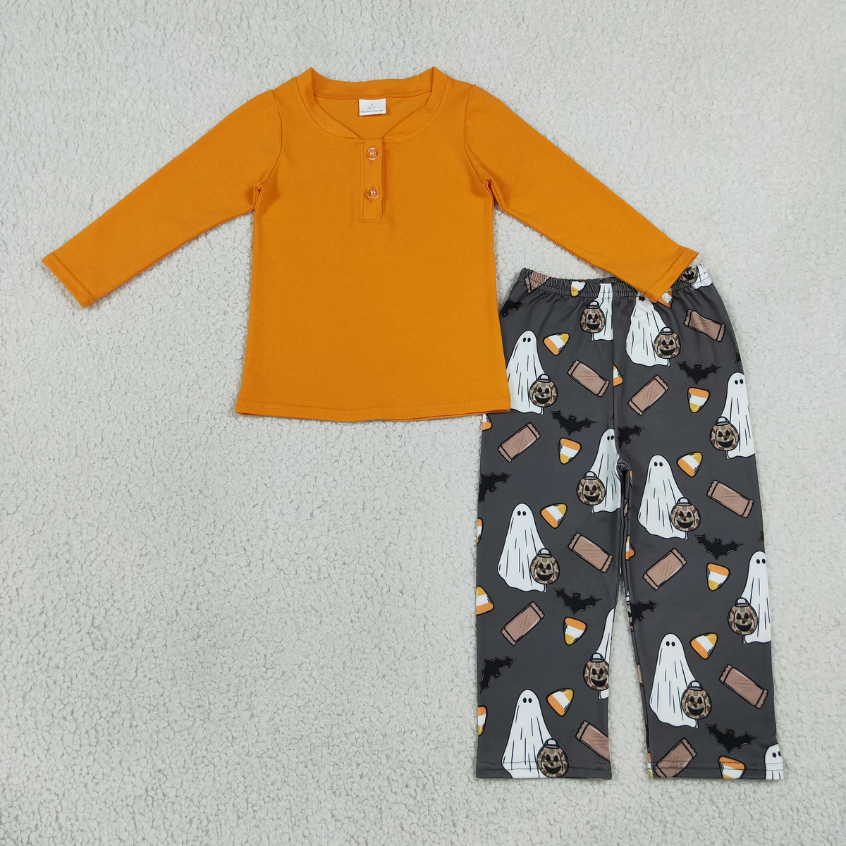 RTS NO MOQ Sibling milk silk Baby Boys Halloween Ghost Candy Bat Print Outfit Set Long Sleeve Top Pants Pajamas Hoodie Baby Zipper Romper Orange Trim Holiday Clothes