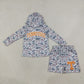 NEW RTS NO MOQ milk silk BLS0042 Baby Boys Grey Camo Orange Letter Print Long Sleeve Hoodie Casual Shorts Team Clothes Set