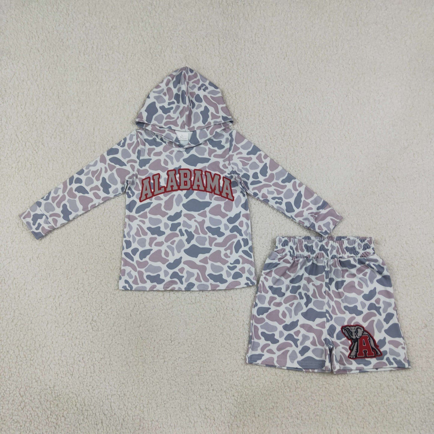 NEW RTS NO MOQ milk silk BLS0044 Baby Boys Light Grey Camo Alabama Long Sleeve Hoodie Pockets Short Team Clothes Set