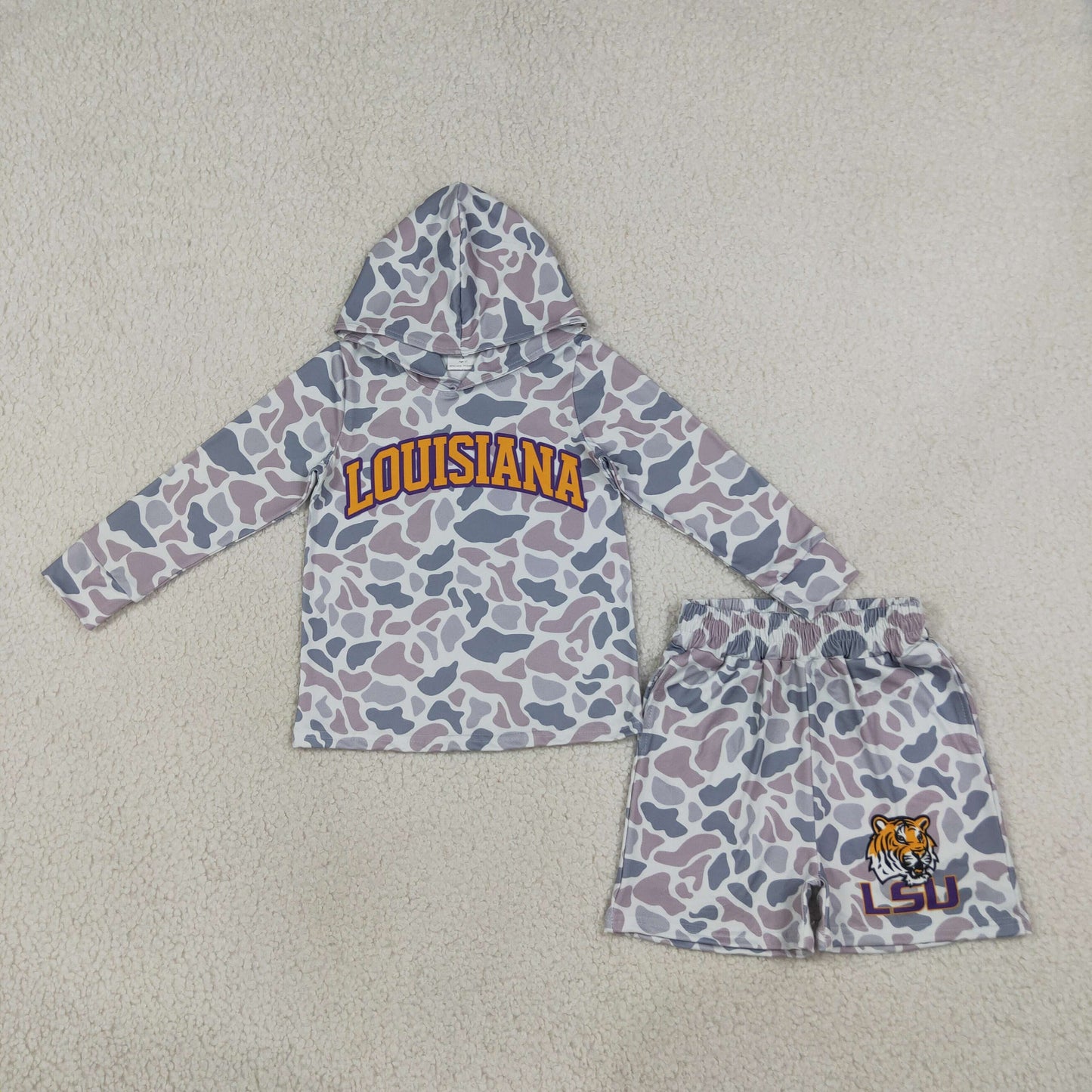 RTS NO MOQ Sibling Baby Boys Light Grey Camo Long Sleeve Hoodie Pockets Short Team Clothes Set