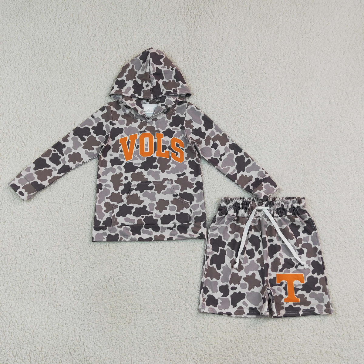 NEW RTS NO MOQ milk silk BLS0049 Baby Boys Grey Camo Vols Long Sleeve Hoodie Pockets Short Team Clothes Set