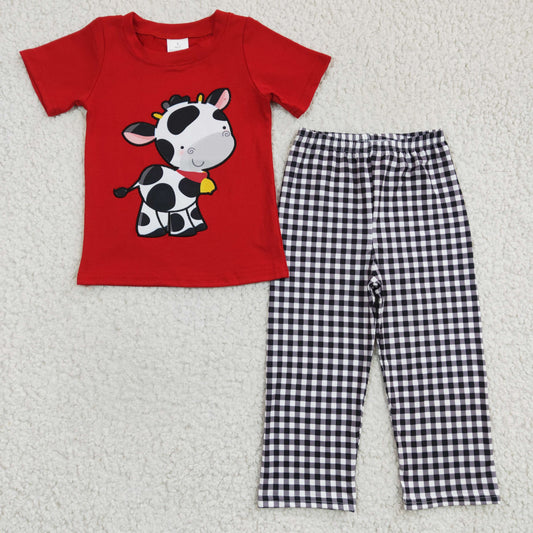 BSPO0057 Boys Red short-sleeved plaid trousers suit with embroidered cow