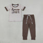NEW RTS NO MOQ milk silk BSPO0689 Baby Boys Brown Checked Duck Print Pocket Long Sleeve Top Jogger Pants Sets