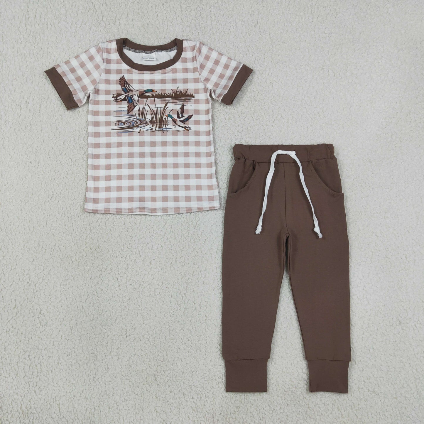 RTS NO MOQ Sibling milk silk Baby Boys Checked Ducks Top Pockets Jogger Hunting Clothes Sets