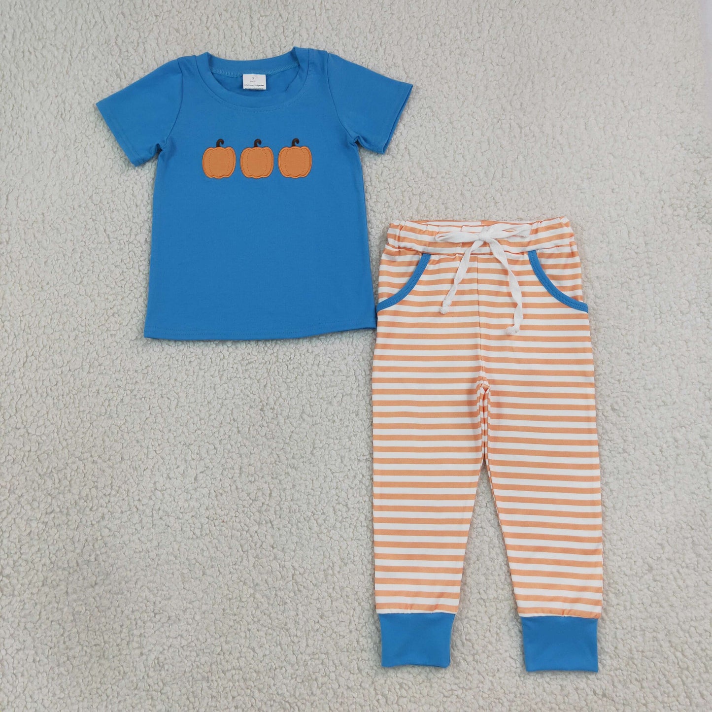 NEW RTS NO MOQ milk silk BSPO0693 Embroidery Baby Boys Fall Pumpkin Print  Pocket Long Sleeve Top Jogger Pants Outfit Daily Wear